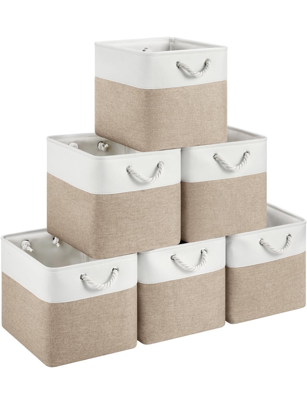 Set of 6 Two-Tone Beige and White Fabric Storage Bins with Rope Handles
